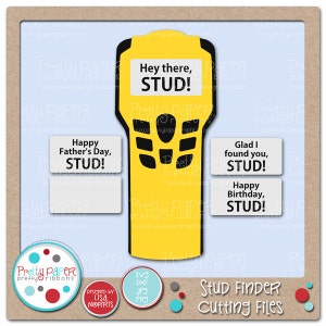 Peut inclure: Un détecteur de montants jaune avec un écran et des boutons noirs. Le détecteur de montants comporte quatre étiquettes qui disent "Hey there, STUD!", "Happy Father's Day, STUD!", "Glad I found you, STUD!" et "Happy Birthday, STUD!"