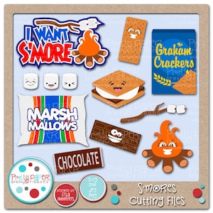 May include: A set of digital cut files for crafting, featuring a s'mores theme. The files include images of graham crackers, marshmallows, chocolate, a campfire, and the text "I Want S'more".