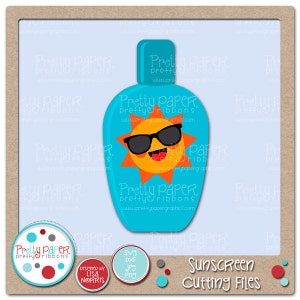 Op de afbeelding: Een blauwe fles zonnebrandcrème met een lachende zon die een zonnebril draagt op de voorkant. De fles heeft de tekst "Pretty Paper, pretty ribbons" op de voorkant. De tekst "Sunscreen Cutting Files" staat onderaan de afbeelding.