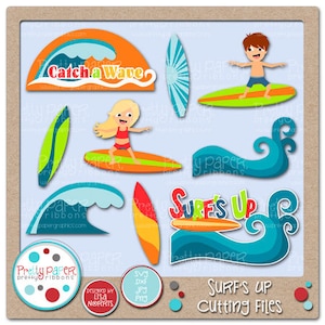 Może przedstawiać: Zestaw cyfrowych plików do wycinania do rękodzieła z surferką, surferem, deską surfingową, falą i tekstem "Catch a Wave" i "Surf's Up".