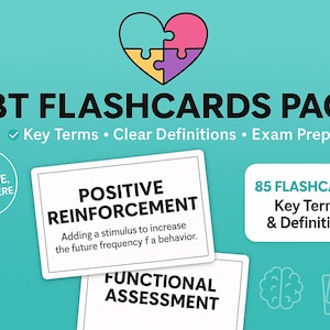 May include: An image of RBT Flashcards Pack with key terms, clear definitions, and exam prep. The image includes flashcards with the terms "Positive Reinforcement" and "Functional Assessment". The pack contains 85 flashcards.