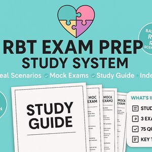 Könnte beinhalten: Ein Bild, das ein RBT-Examen-Vorbereitungs-Studiensystem bewirbt. Der türkisfarbene Hintergrund zeigt den Text "RBT EXAM PREP STUDY SYSTEM" und ein herzförmiges Puzzle. Enthält einen Studienführer, Probeexamina und Karteikarten.