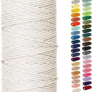 以下が含まれることがあります： オフホワイトのマクラメコードの大きなスプールが、小さなスプールのカラーチャートの隣に表示されています。メインのスプールはしっかりと巻かれており、綿コードの質感がわかります。カラーチャートには、黄色、オレンジ、青、ピンクなど、さまざまな色が含まれています。