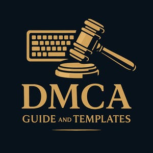 May include: Gold-colored logo on a dark blue background. The logo features a keyboard, a gavel, and the text "DMCA GUIDE AND TEMPLATES" in a serif font. The design suggests legal or copyright-related content.
