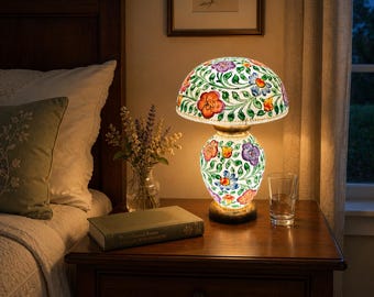 Handgemaakte Pakistaanse kameelleerlamp – handgeschilderde gebloemde nachtkastjelamp | Traditioneel Multani-ambacht