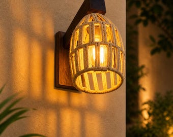 Handwoven Rattan Wall Sconce Light – Rustic Boho Wooden Wall Lamp with Warm Ambient Glow
