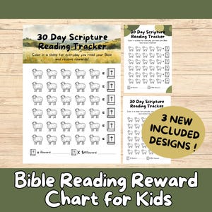 Puede incluir: Un gráfico de recompensas de lectura bíblica para niños, con un rastreador de 30 días con ilustraciones de ovejas. Incluye tres nuevos diseños. El gráfico fomenta la lectura diaria con recompensas.