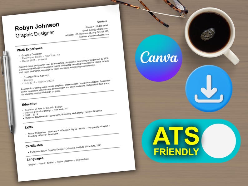 ATS Friendly Resume Template for Canva Modern CV Design (digital