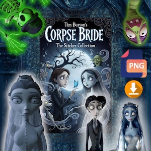 Puede incluir: Imagen promocional de "Tim Burton's Corpse Bride: The Sticker Collection". La imagen presenta personajes de la película animada, incluyendo la Novia Cadáver, Victor Van Dort y otros personajes animados. El fondo es azul oscuro con un tema espeluznante.