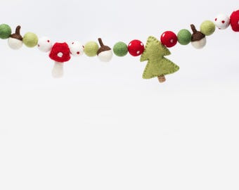 Woodland Felt Ball Garland: Includes Forest Mushrooms, Wool Acorns and Felt Trees