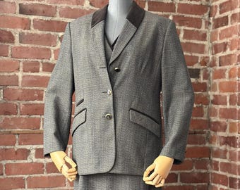 Vintage 3 Piece Wool Suit Set Blazer Vest Skirt Brown Trim Tailored