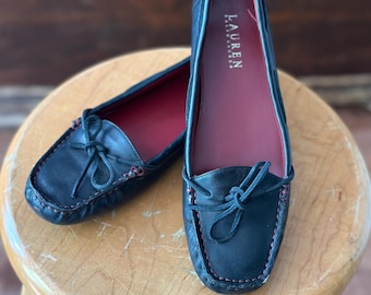 Ralph Lauren Läder Driving Mockasiner Svarta Röda Sömmar Flats