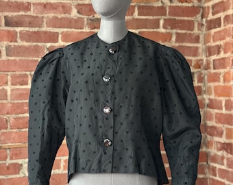 Vintage Polka Dot Jacket Woman's Puff Sleeve Cropped Rhinestone Buttons 90s