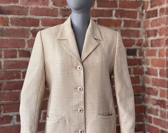 Vintage Wool Plaid Blazer Women Beige Check Tailored Jacket