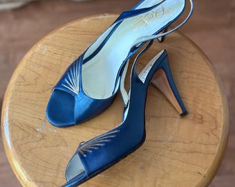 Escarpins à bout ouvert en cuir bleu vintage, chaussures en cuir des années 90