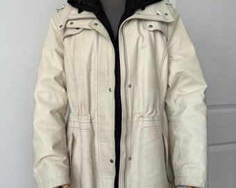 Danier Cream Leather Parka, Removable Liner, Y2K Winter Coat, XL
