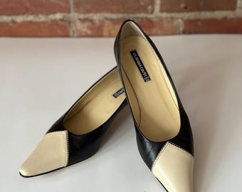 Classic Black Cream Leather Kitten Heels Pointed Toe Pumps Y2K