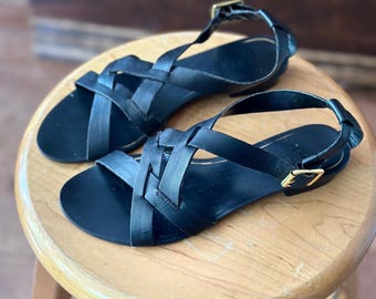 Sandales en cuir minimalistes à lanières Ralph Lauren noires Chaussures d'été plates