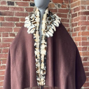 Brown Wool Cape with Fur Trim Wrap Shawl Fringe Poncho