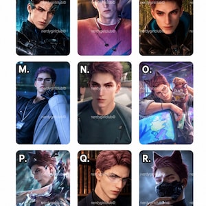 May include: A collection of nine digital character portraits labeled J through R, featuring a young person with reddish-brown hair and animal ears in various settings, wearing different outfits including a black jacket, sweater, and formal attire.