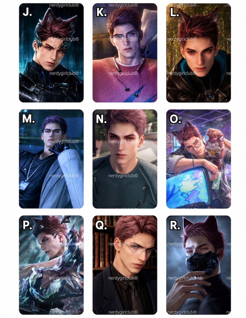 May include: A collection of nine digital character portraits labeled J through R, featuring a young person with reddish-brown hair and animal ears in various settings, wearing different outfits including a black jacket, sweater, and formal attire.
