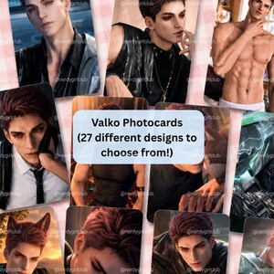 May include: A collection of rectangular photocards featuring various digital illustrations of a character named Valko with short dark hair, some with animal ears. The central text reads: Valko Photocards (27 different designs to choose from!).