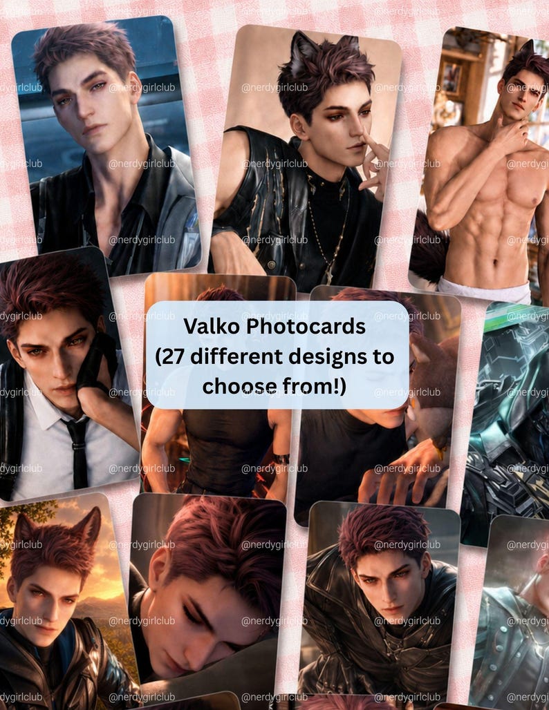 May include: A collection of rectangular photocards featuring various digital illustrations of a character named Valko with short dark hair, some with animal ears. The central text reads: Valko Photocards (27 different designs to choose from!).