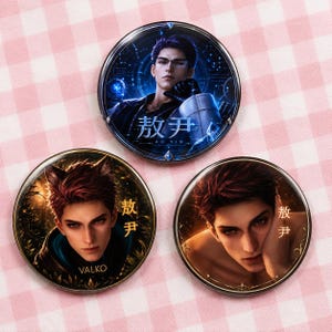 May include: Three circular pin-back buttons featuring digital illustrations of a character. The top button shows a person with glasses in a blue sci-fi setting with text reading Ao Yin. The bottom buttons feature a character with cat ears and text.
