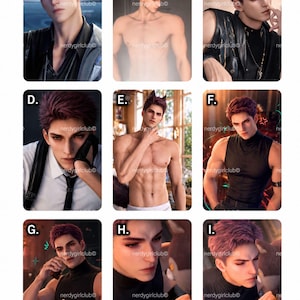 May include: A collection of nine digital illustrations featuring a young person with short purple hair in various poses and outfits, including a black shirt, a white shirt with a tie, and shirtless, with some images showing animal ears.