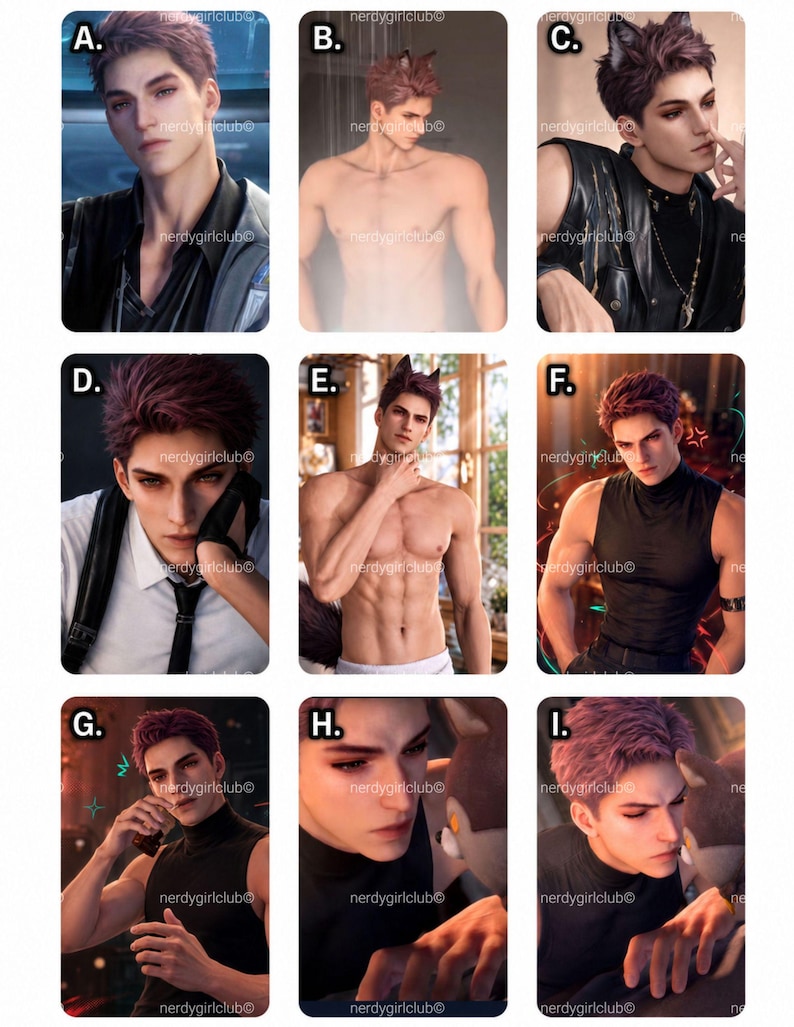 May include: A collection of nine digital illustrations featuring a young person with short purple hair in various poses and outfits, including a black shirt, a white shirt with a tie, and shirtless, with some images showing animal ears.
