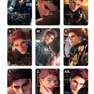 May include: A collection of nine rectangular trading cards featuring digital illustrations of a character with reddish-purple hair. The cards are labeled S through AA and display various scenes, including a masked warrior, a person with animal ears, and a person wearing glasses in a library setting.