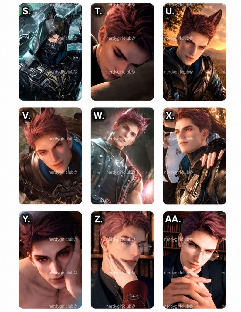 May include: A collection of nine rectangular trading cards featuring digital illustrations of a character with reddish-purple hair. The cards are labeled S through AA and display various scenes, including a masked warrior, a person with animal ears, and a person wearing glasses in a library setting.