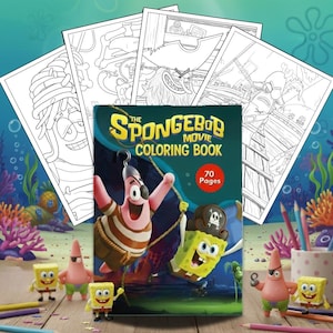 Puede incluir: Un "The Spongebob Movie Coloring Book" con 70 páginas, con Bob Esponja y Patricio. Se ven varias páginas para colorear con dibujos lineales de personajes. También hay pequeñas figuras de Bob Esponja y Patricio y lápices de colores.