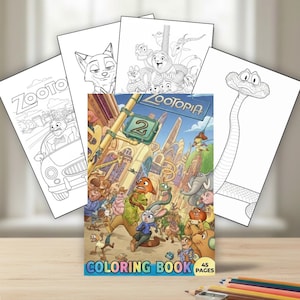 Pode incluir: Um livro para colorir Zootopia com 45 p&aacute;ginas, rodeado por quatro p&aacute;ginas para colorir em preto e branco. A capa apresenta uma ilustra&ccedil;&atilde;o colorida dos personagens de Zootopia e da cidade. L&aacute;pis de cor na parte inferior.