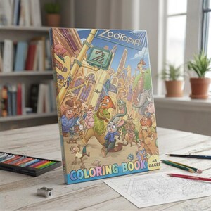 Pode incluir: Um livro para colorir Zootopia com uma capa colorida com v&aacute;rios personagens animais em um cen&aacute;rio urbano. O livro &eacute; intitulado "COLORING BOOK" e tem 45 p&aacute;ginas. L&aacute;pis de cor e um apontador est&atilde;o sobre a mesa.