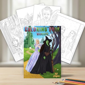 Puede incluir: Un libro para colorear con el tema "Wicked" con una portada que presenta a la Malvada Bruja del Oeste y Glinda la Bruja Buena. La portada dice "Libro para colorear Wicked" con 40 páginas. Varias páginas para colorear en blanco y negro son visibles.