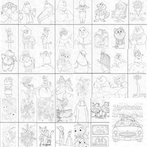 Pode incluir: Uma cole&ccedil;&atilde;o de desenhos a tra&ccedil;o em preto e branco de personagens do filme de anima&ccedil;&atilde;o "Zootopia". As imagens apresentam v&aacute;rios animais em diferentes poses e roupas, com alguns personagens em pares ou grupos. A palavra "Zootopia" tamb&eacute;m &eacute; vis&iacute;vel.