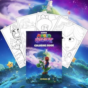 May include: A "Super Mario Galaxy" colouring book with 29 pages, featuring Mario and Yoshi on the cover. Several black and white colouring pages are visible, showcasing characters like Mario and Princess Peach. The background has a space theme.