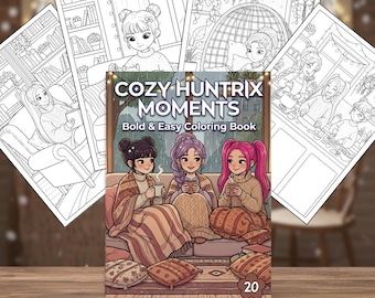 Livro de colorir Huntrix K-Pop Demon Hunters, 20 páginas aconchegantes e confortáveis, download digital fácil e vibrante, estilo de vida de ídolo, PDF para imprimir.