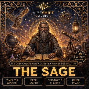 May include: A digital illustration titled THE SAGE featuring a bearded figure writing in a book. Elements include an owl, globe, telescope, and lantern. Text includes VIBESHIFT AUDIO, 432Hz Frequency, WISDOM, AWARENESS, CLARITY, HIGHER PERSPECTIVE, TIMELESS WISDOM, DEEP INSIGHT, GUIDANCE & CLARITY, and INNER PEACE.