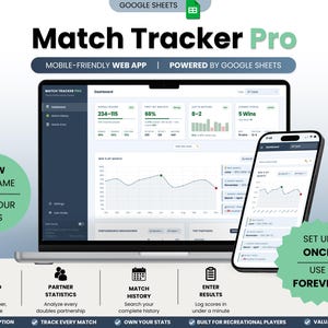 May include: A laptop and smartphone displaying the Match Tracker Pro web app powered by Google Sheets. The screens show a dashboard with tennis match statistics, win percentages, and performance graphs. Text includes Know Your Game, Own Your Stats, and Set Up Once Use Forever.