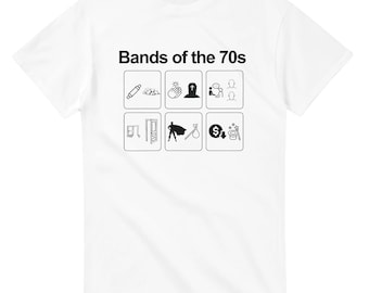 1970s Rock Band Pictogram Puzzle T-Shirt | Fun Graphic Tee for Music Lovers & Retro Rock Fans