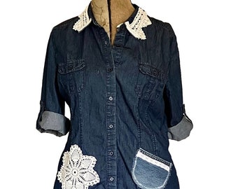 Boho Upcycled Women's Shirt with Lace and Applique, Misses size Large