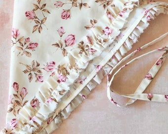 Triangle Headscarf with Ruffle, Coquette Headscarf in Roses Pink and Cream, Soft Girl Look