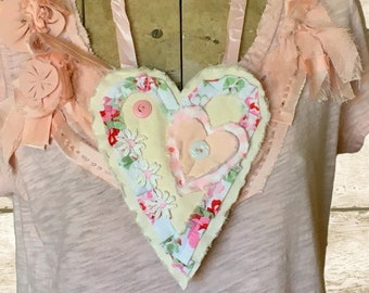 Coquette Heart Jabot, Boho Chic Statement Necklace, Festival Wear Bib Collar with ribbon ties, Soft Girl Heart Necklace