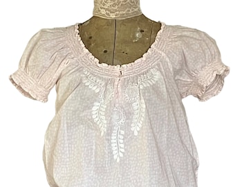 Pink Peasant Blouse, Petite Small, Cottagecore Puffed Sleeve Top with Embroidery in Blush Pink