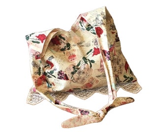 Feminine Boho Shoulder Bag, Hobo Bag with Hearts Roses and Lace