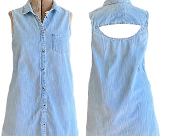 Sleeveless Tunic Top with Keyhole Back, Pale Blue Chambray A-line Size Large