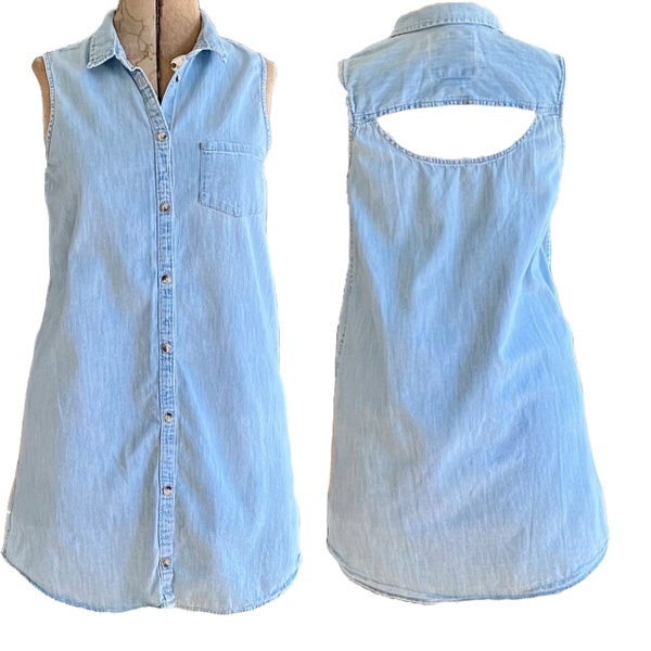 Sleeveless Tunic Top with Keyhole Back, Pale Blue Chambray A-line Size Large