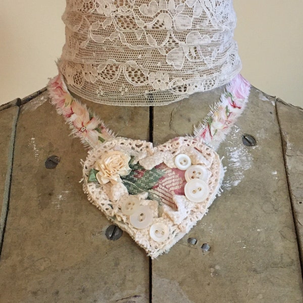 Unique Handmade Boho Chic Heart Necklace with Frayed Fabric Lace and Roses, Shabby Chic Fabric Collage Choker